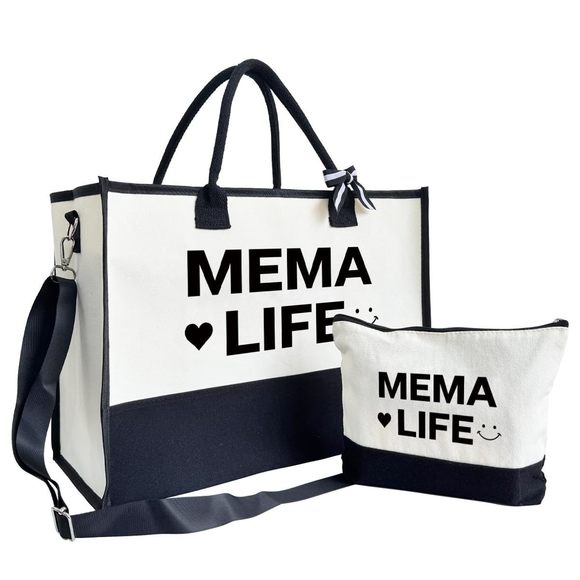 Mema Life Tote Bag - Canvas Shoulder Beach Bag, Daily Shoing Or :] - Picture 1 of 8